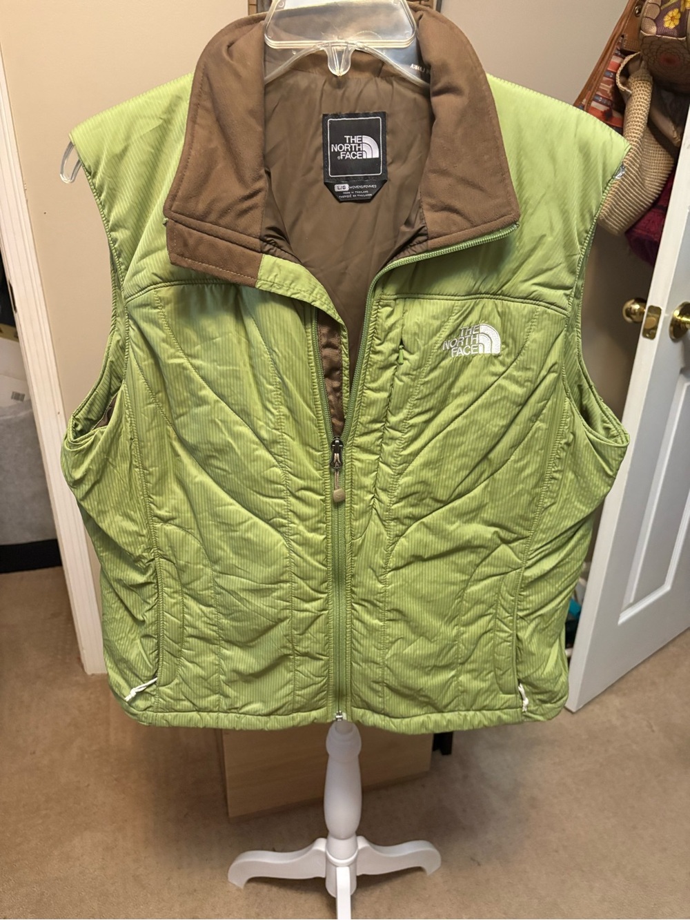 The North Face Lime Green Quilted Vest with Brown Collar